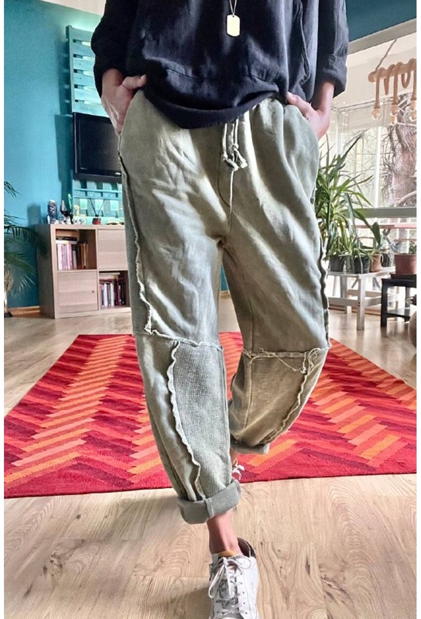 Kadın Haki Yıkamalı Lazer Dikişli Cepli Beli Lastikli Salaş Oversize Pantolon Rsd3058