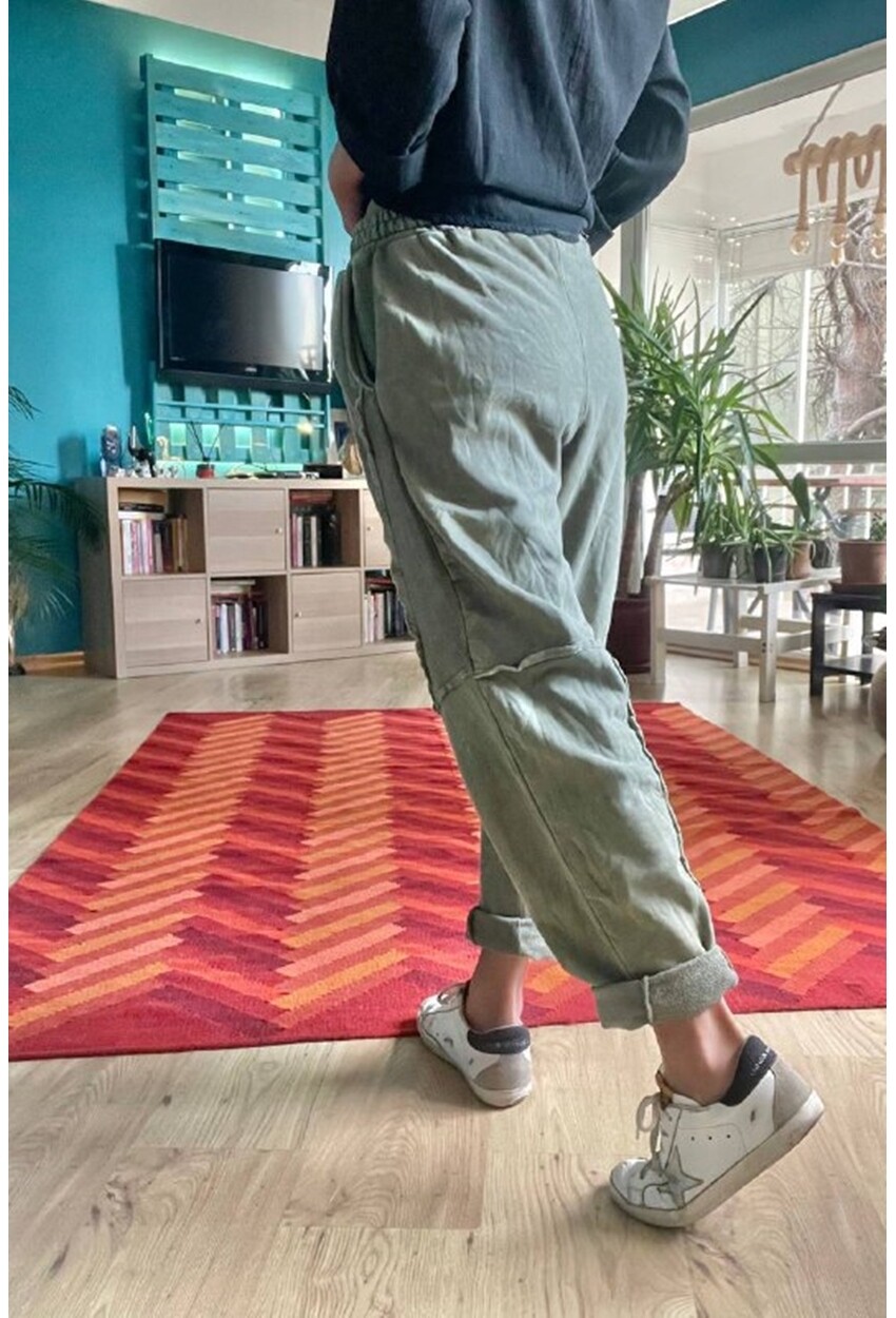 Kadın Haki Yıkamalı Lazer Dikişli Cepli Beli Lastikli Salaş Oversize Pantolon Rsd3058