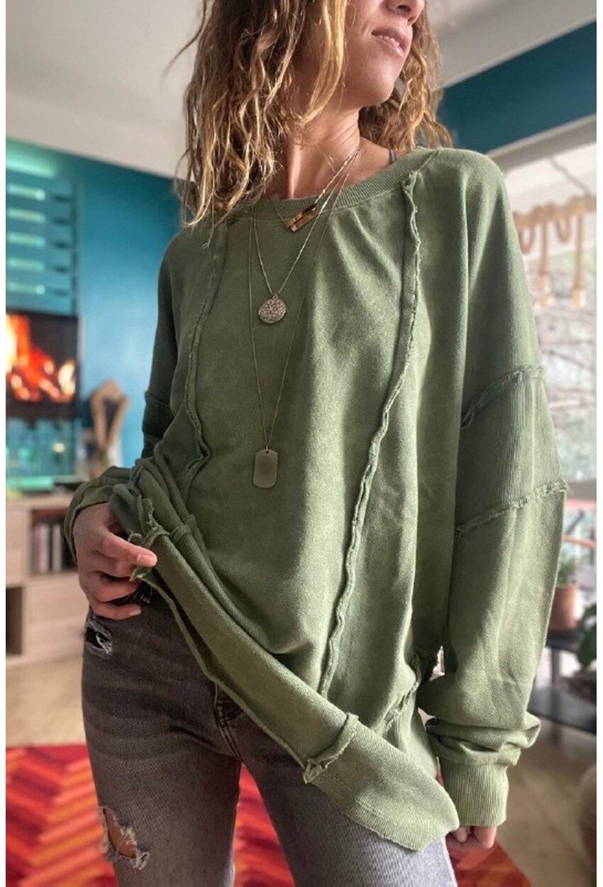 Kadın Haki Yıkamalı Lazer Dikişli Oversize Salaş Uzun Sweatshirt Rsd3057