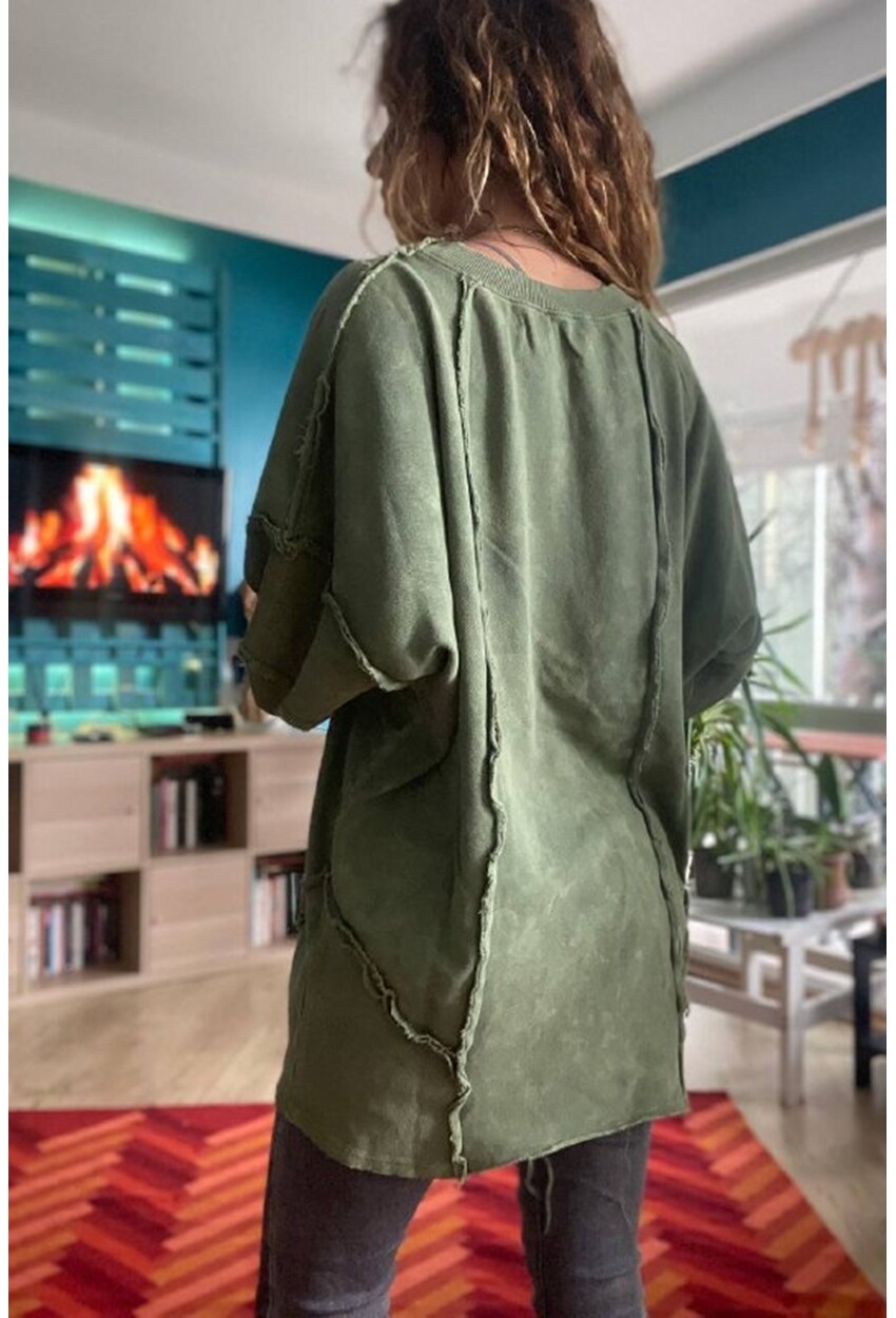 Kadın Haki Yıkamalı Lazer Dikişli Oversize Salaş Uzun Sweatshirt Rsd3057