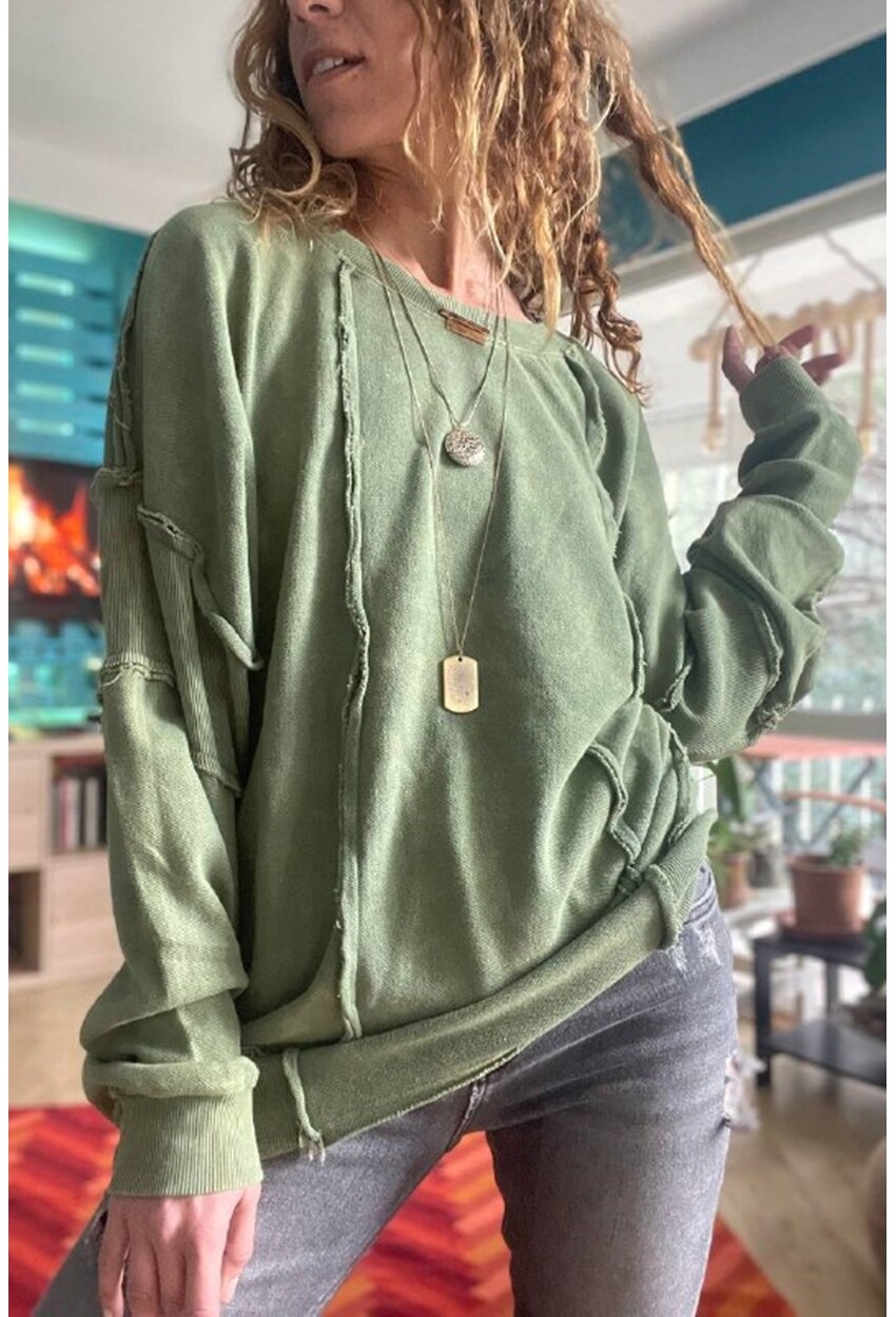 Kadın Haki Yıkamalı Lazer Dikişli Oversize Salaş Uzun Sweatshirt Rsd3057