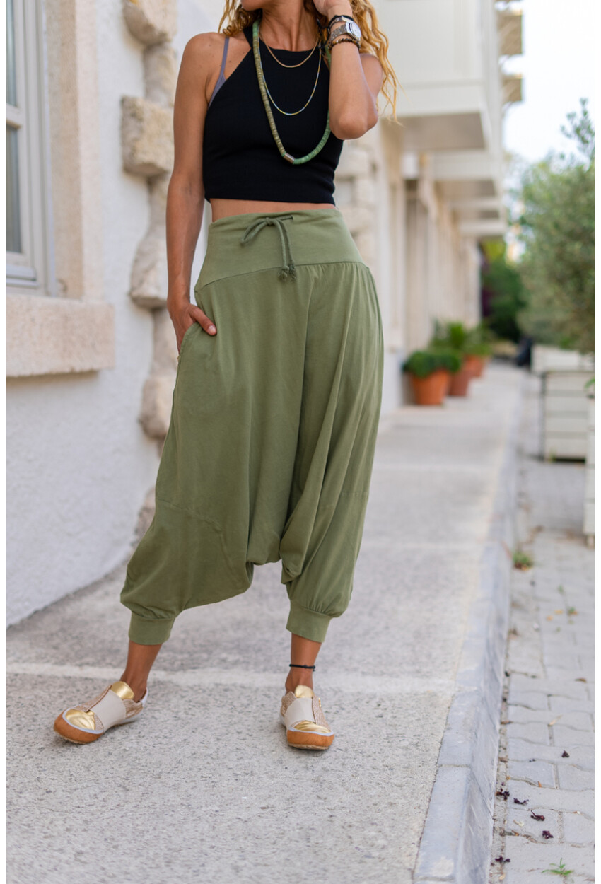 Kadın Haki Yüksek Bel Cepli Beli Lastikli Şalvar Pantolon Gk-Rsd2004