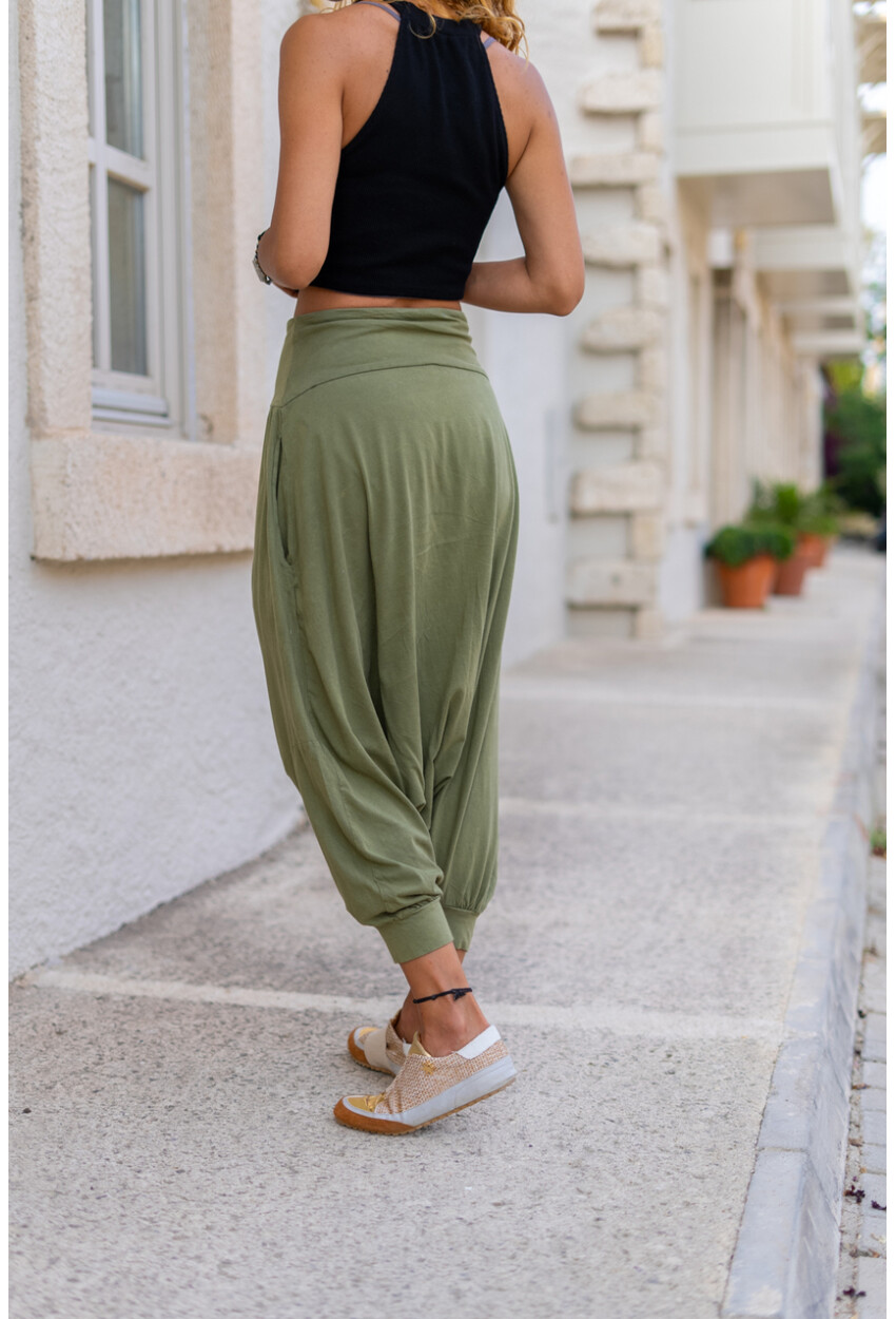 Kadın Haki Yüksek Bel Cepli Beli Lastikli Şalvar Pantolon Gk-Rsd2004