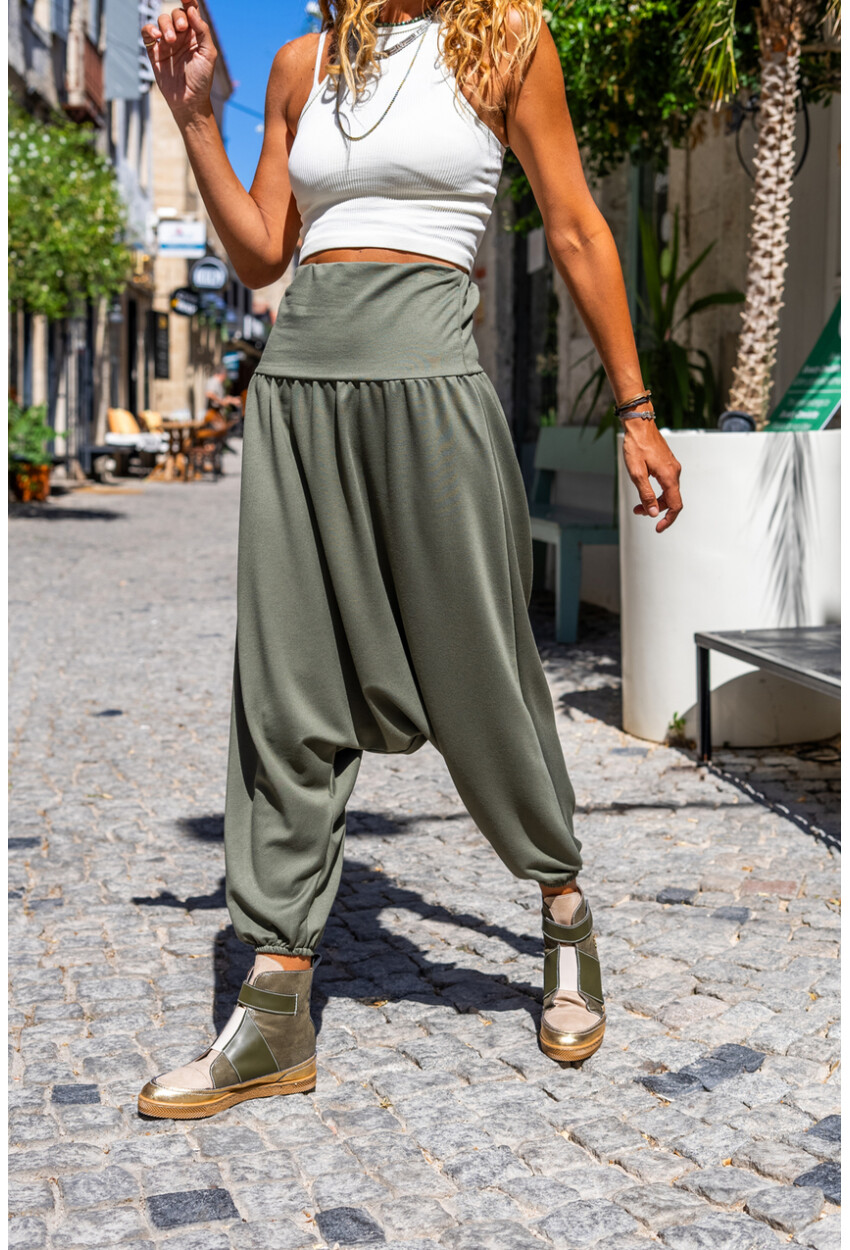 Kadın Haki Yüksek Bel Paçası Lastikli Düşük Ağlı Salaş Şalvar Pantolon Bst3466