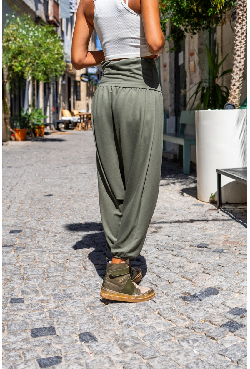Kadın Haki Yüksek Bel Paçası Lastikli Düşük Ağlı Salaş Şalvar Pantolon Bst3466