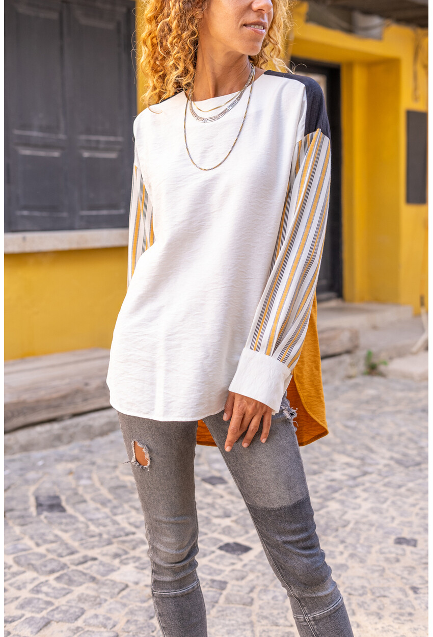 Kadın Hardal Keten Multi Garnili Color Block Salaş Bluz Bst3314