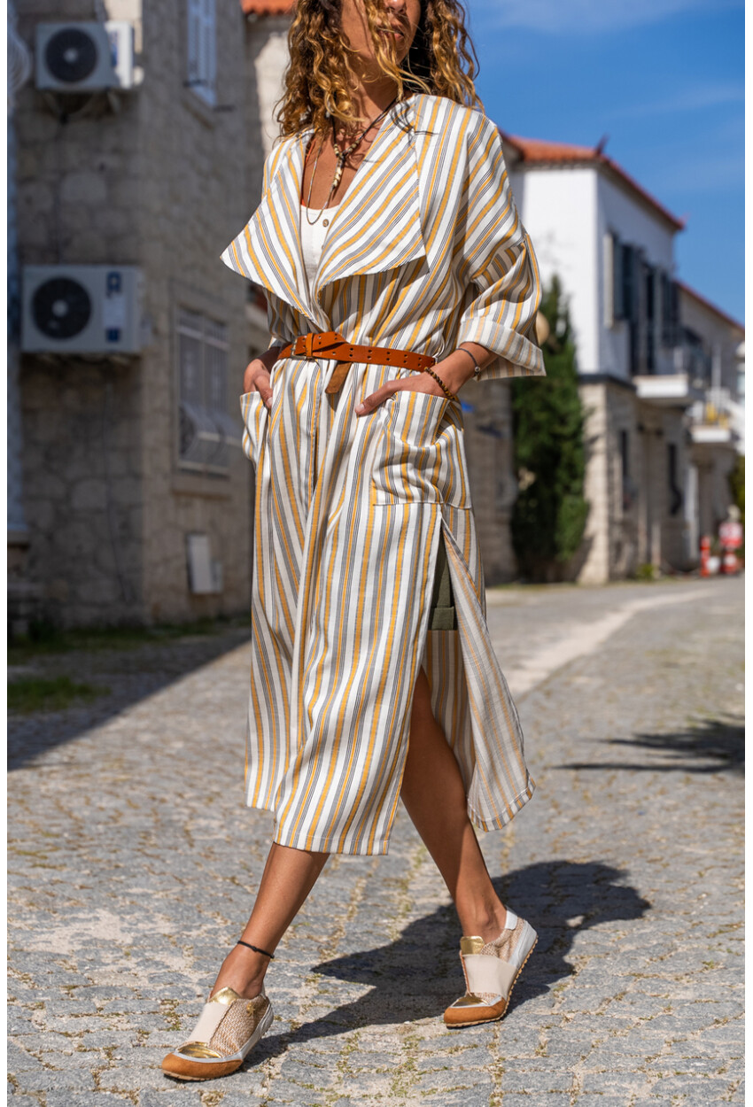 Kadın Hardal Keten Şal Yaka Cepli Kendinden Kuşaklı Çizgili Kimono Elbise BST3373