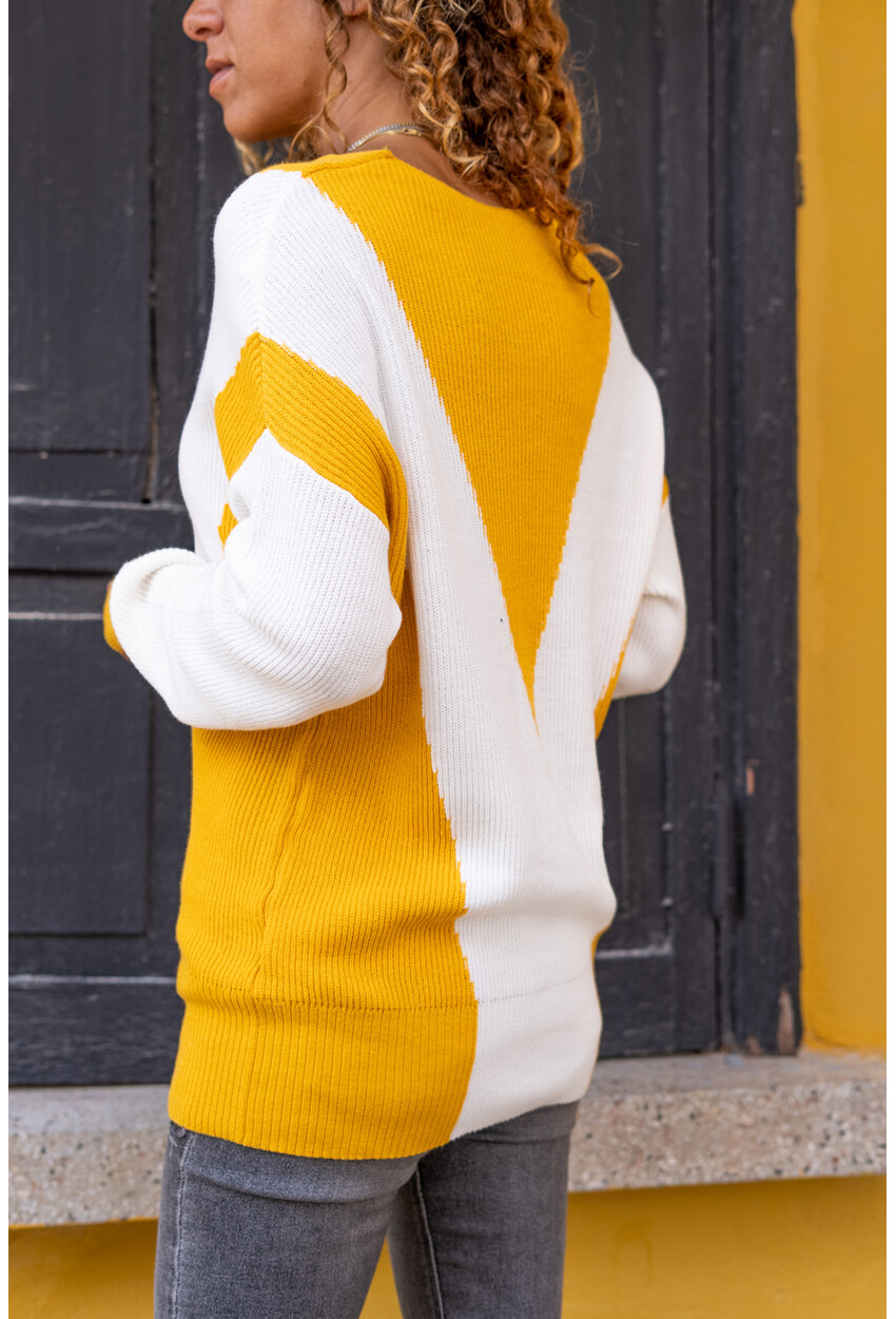 Kadın Hardal V Yaka Color Block İnce Fitilli Kazak 1St3