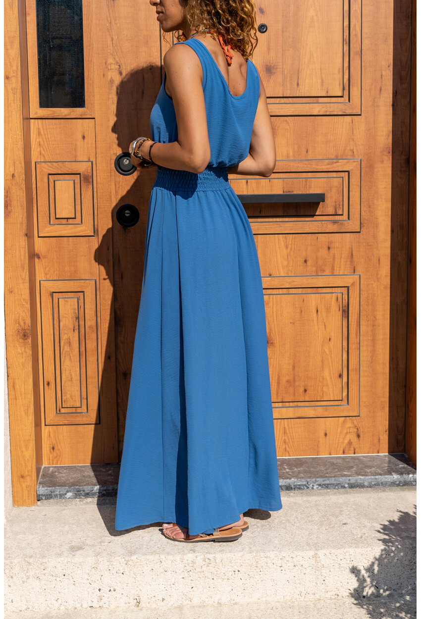 Womens Indigo Waist Gipe Strap Straw Detailed Long Airobin Dress BST3251