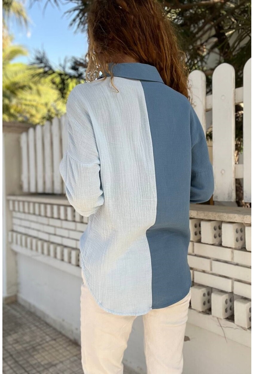 İndigo-Beyaz Müslin Color Block Salaş Gömlek Bst3458