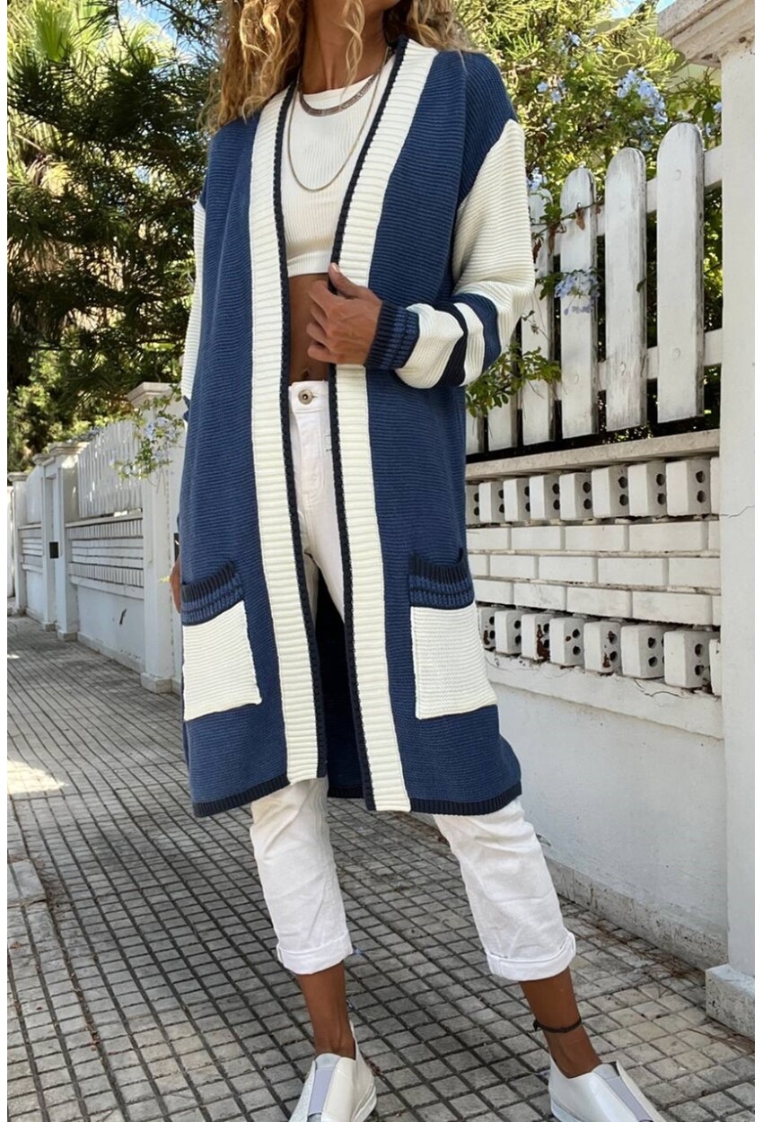 Kadın İndigo Color Block Garnili Cepli Uzun Salaş Hırka Cck95013