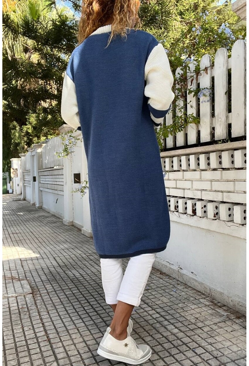 Kadın İndigo Color Block Garnili Cepli Uzun Salaş Hırka Cck95013
