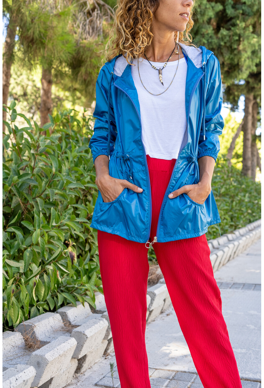 Kadın İndigo Kapüşonlu Beli Büzgülü Fermuarlı Cepli Yağmurluk Rm2999