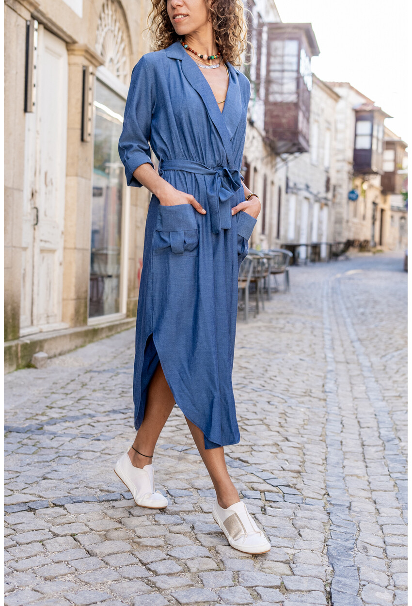 Womens Indigo Belted Jacket Collar Elastic Waist Double Breasted Dress CCK9083