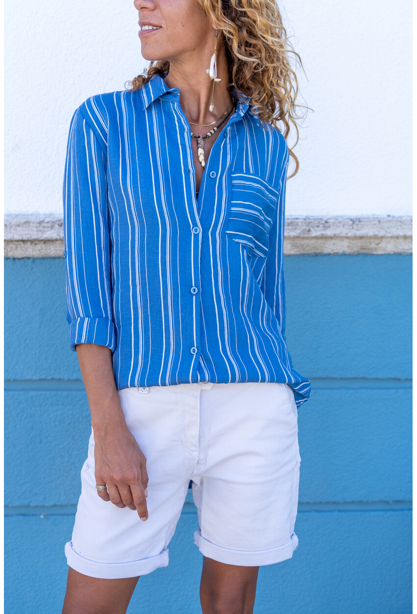 Kadın İndigo Kendinden Dokulu Yumuşak Tek Cep Gömlek Bst3266