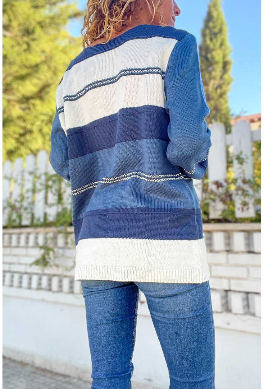 Kadın İndigo-Lacivert V Yaka Color Block Salaş Kazak Cck1705