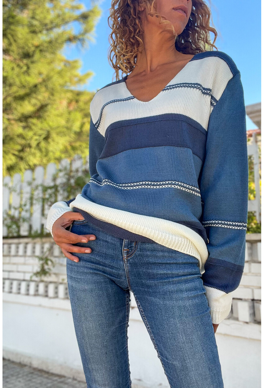 Kadın İndigo-Lacivert V Yaka Color Block Salaş Kazak Cck1705