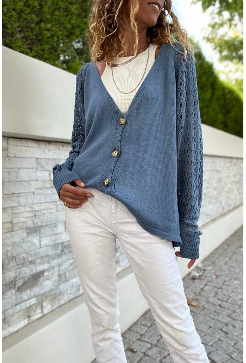 Kadın İndigo Raglan Kol Düğmeli Kolları Ajurlu Salaş Hırka Cck95004