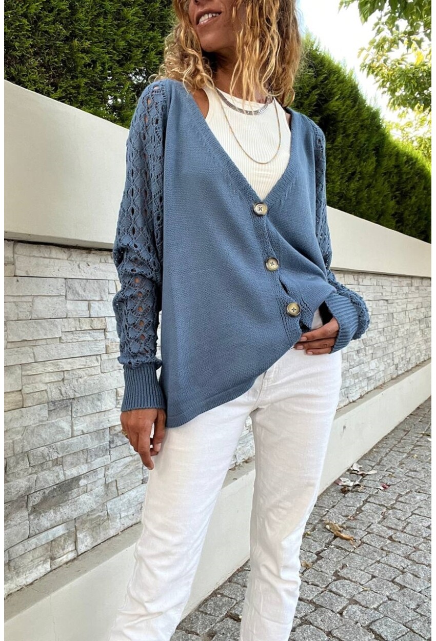 Kadın İndigo Raglan Kol Düğmeli Kolları Ajurlu Salaş Hırka Cck95004
