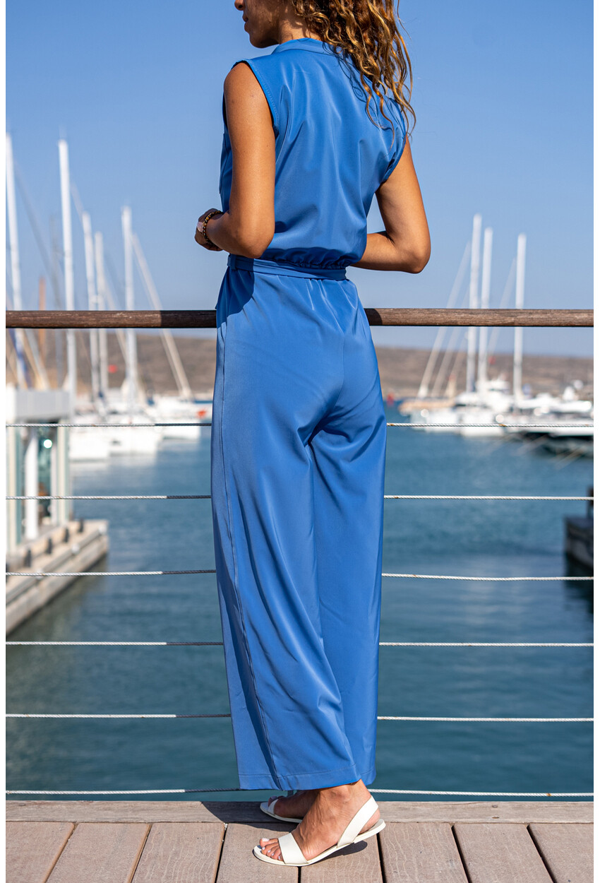 Kadın İndigo Yarım Patlı Beli Büzgülü Kemerli Bol Paça Tulum BST3125