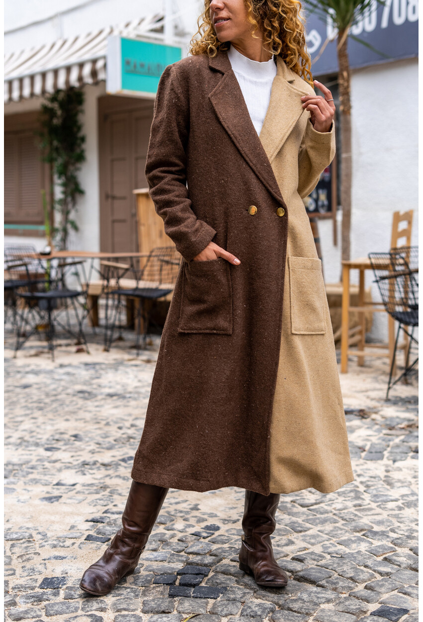 Kadın Kahve-Bej Kaşe Color Block Düğmeli Cepli Kaban Bst3320