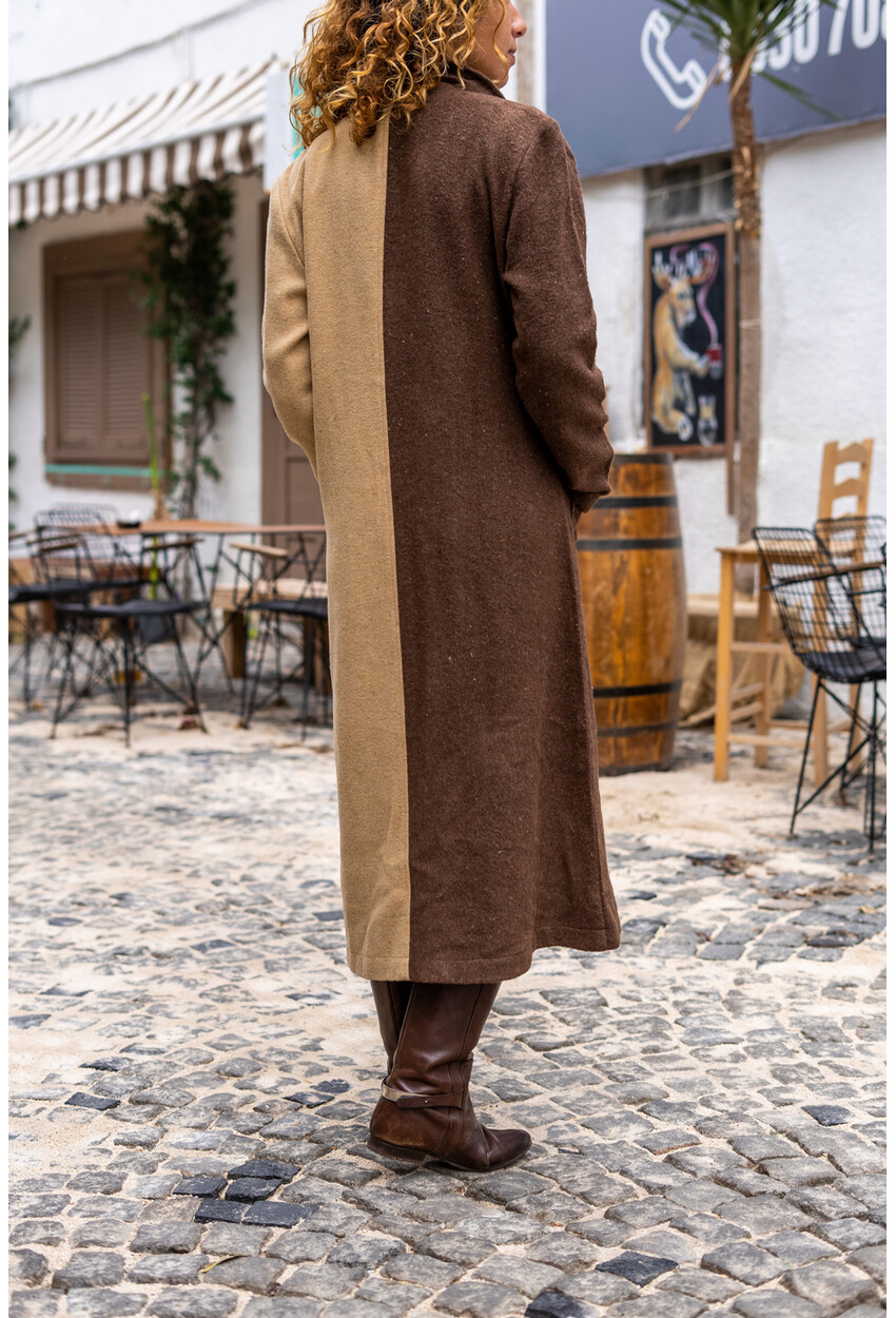 Kadın Kahve-Bej Kaşe Color Block Düğmeli Cepli Kaban Bst3320