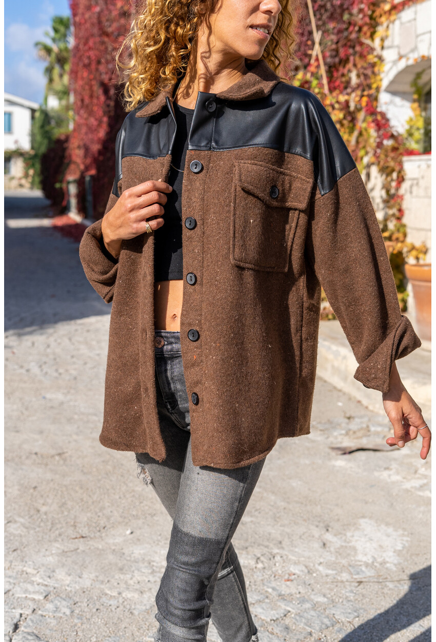 Kadın Kahve Deri Garnili Sırtı Baskılı Kaşe Oversize Ceket Gömlek Bst3289