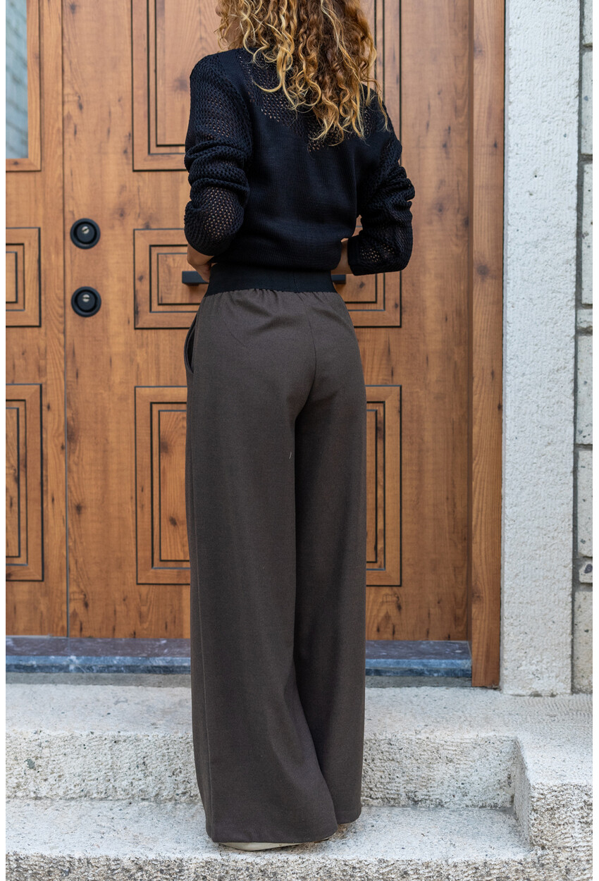 Kadın Kahverengi Kaşe Beli Lastikli Bol Paça Pantolon Bst3274