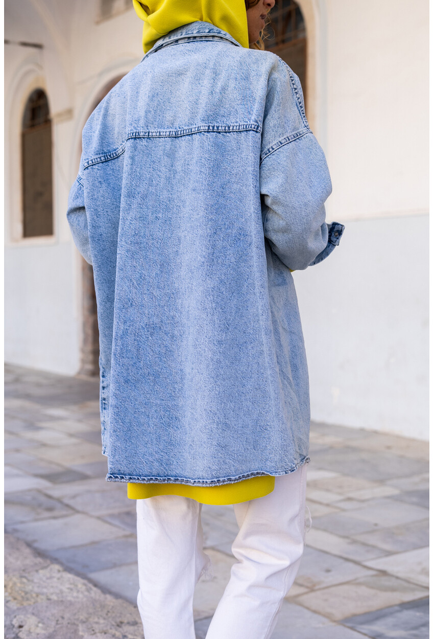 Kadın Kar Yıkama Uzun Oversize Kot Ceket Bstkt0048