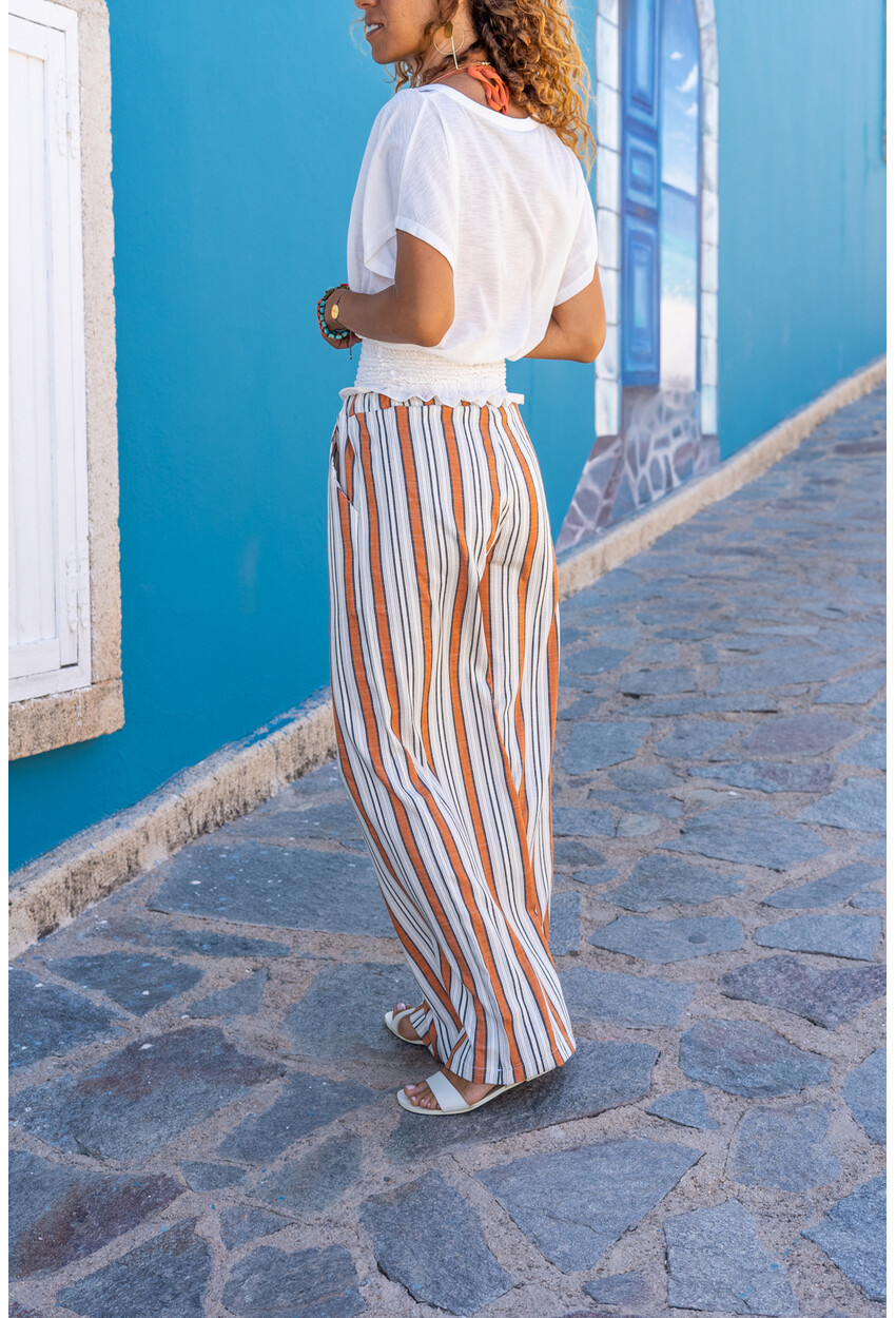 Womens Tile Waist Elastic Pocket Striped Loose Linen Trousers Bst3258