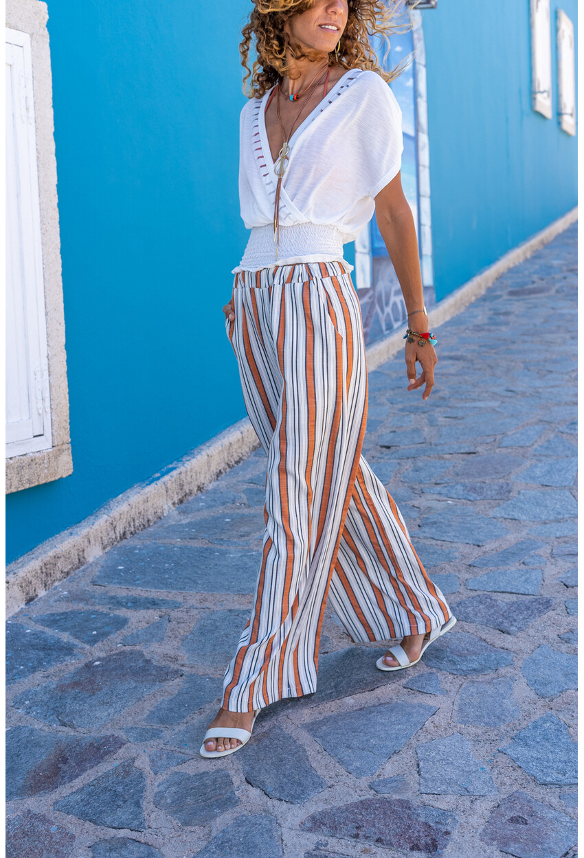 Womens Tile Waist Elastic Pocket Striped Loose Linen Trousers Bst3258