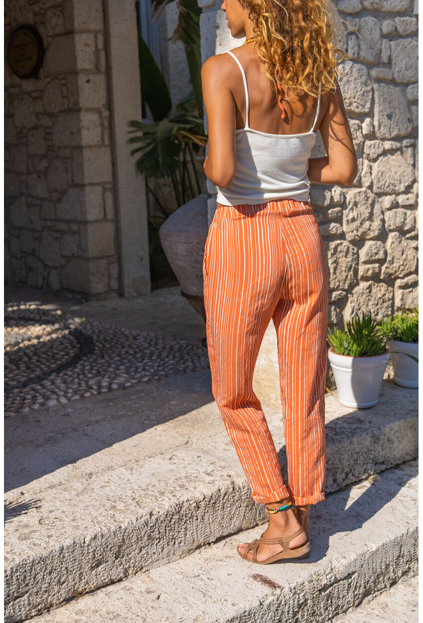 Kiremit Duble Paça Çizgili Dokulu Pantolon Bst3277