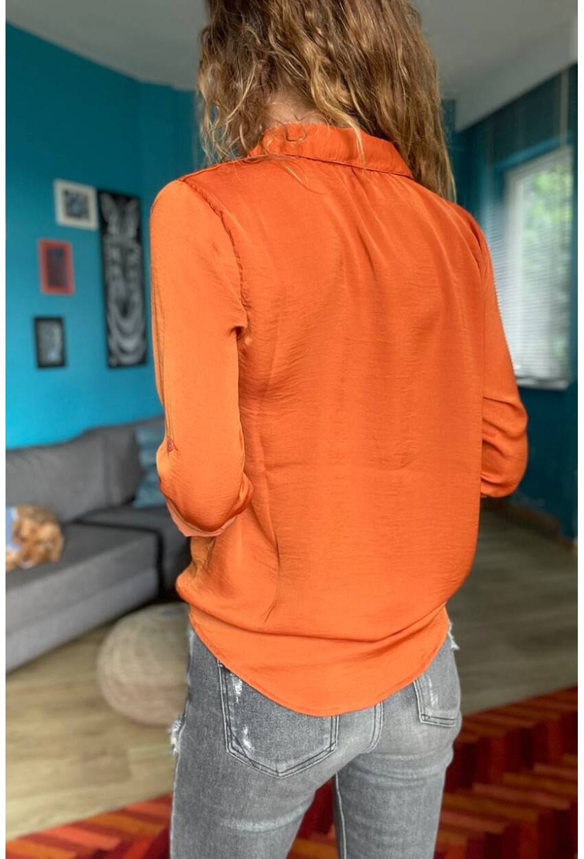 Kadın Kiremit Gizli Pat Saten Gömlek Bst3211
