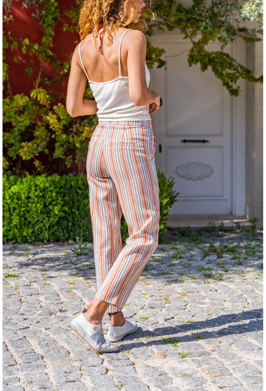 Kiremit Keten Cepli Düğmeli Boru Paça Havuç Pantolon Bst3394