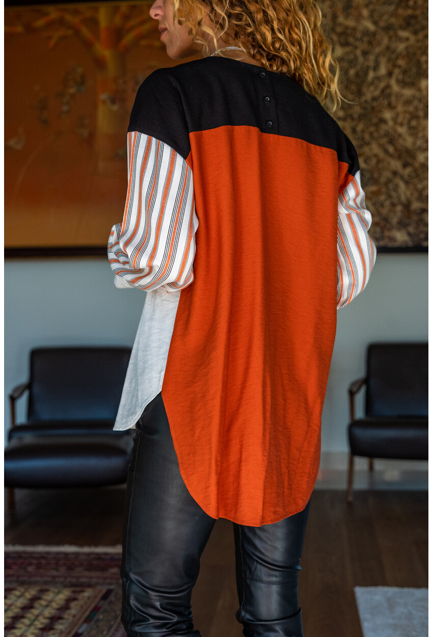 Kadın Kiremit Keten Multi Garnili Color Block Salaş Bluz Bst3314