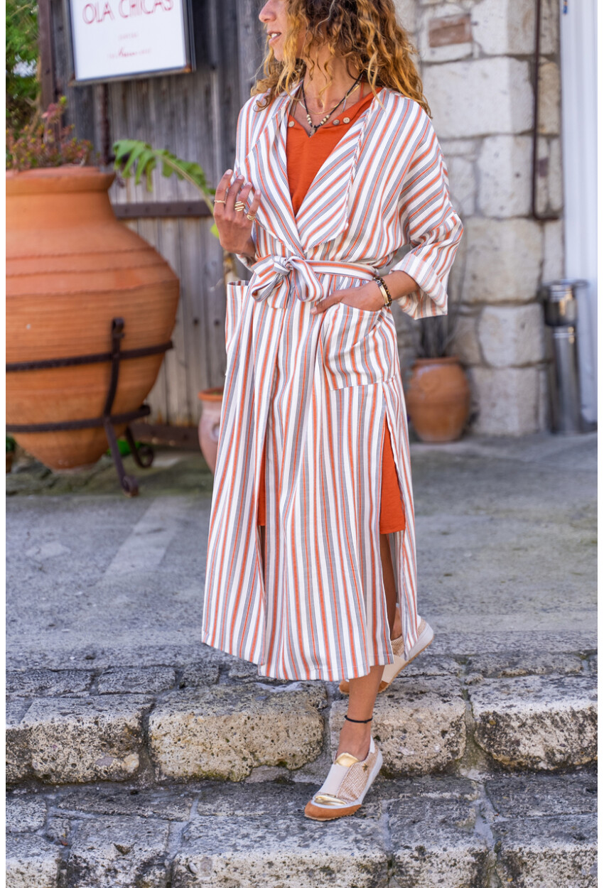 Kadın Kiremit Keten Şal Yaka Cepli Kendinden Kuşaklı Çizgili Kimono Elbise BST3373