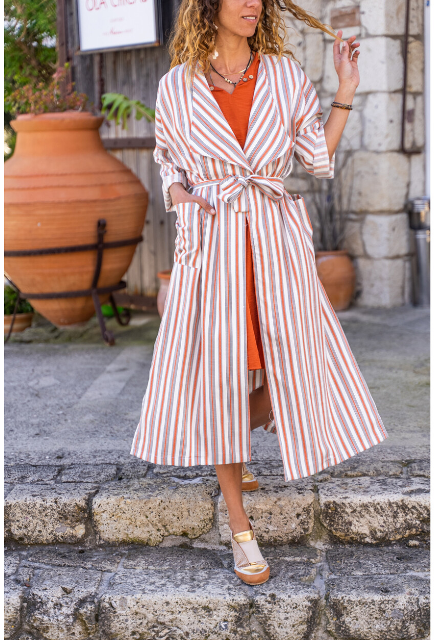 Kadın Kiremit Keten Şal Yaka Cepli Kendinden Kuşaklı Çizgili Kimono Elbise BST3373