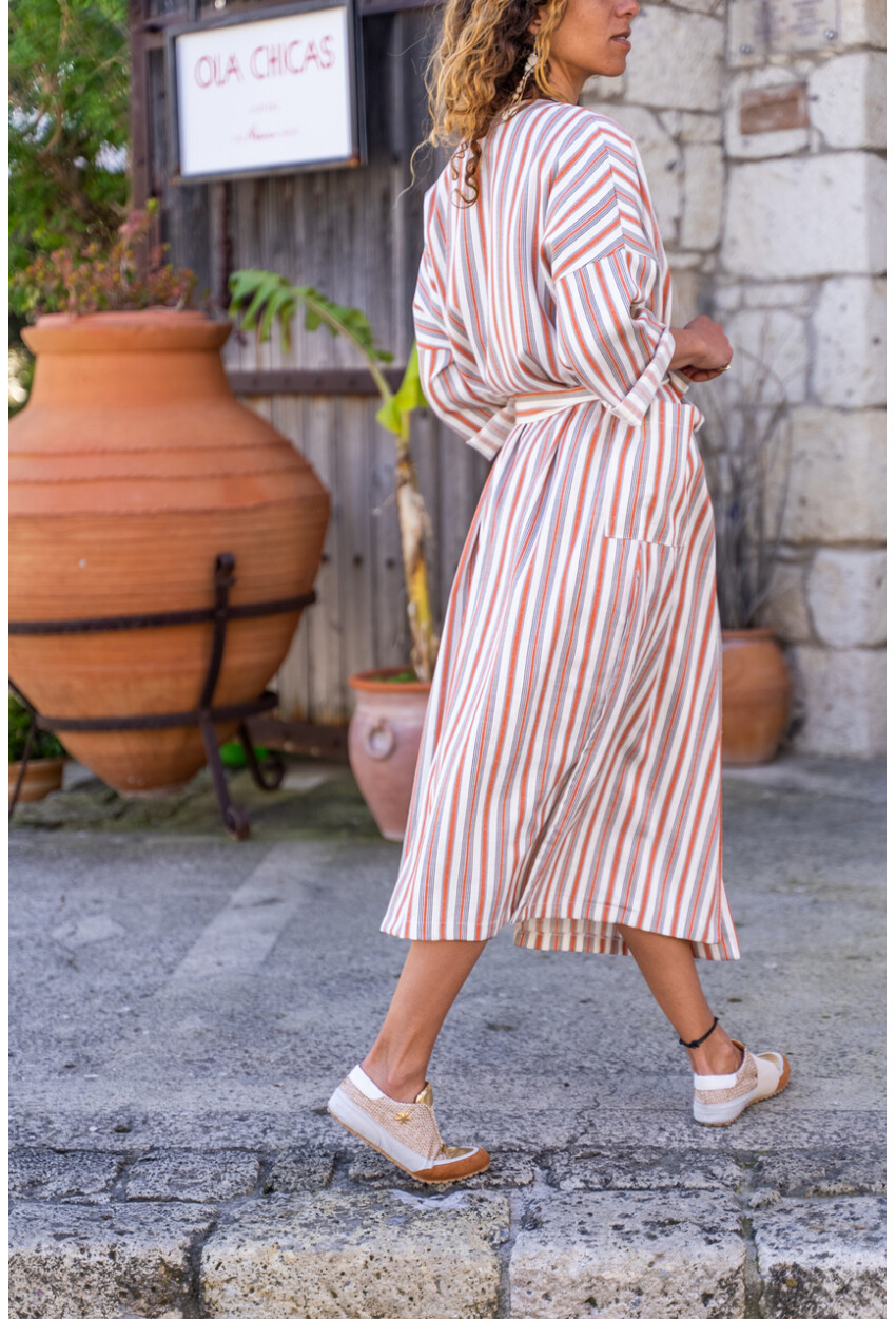 Kadın Kiremit Keten Şal Yaka Cepli Kendinden Kuşaklı Çizgili Kimono Elbise BST3373