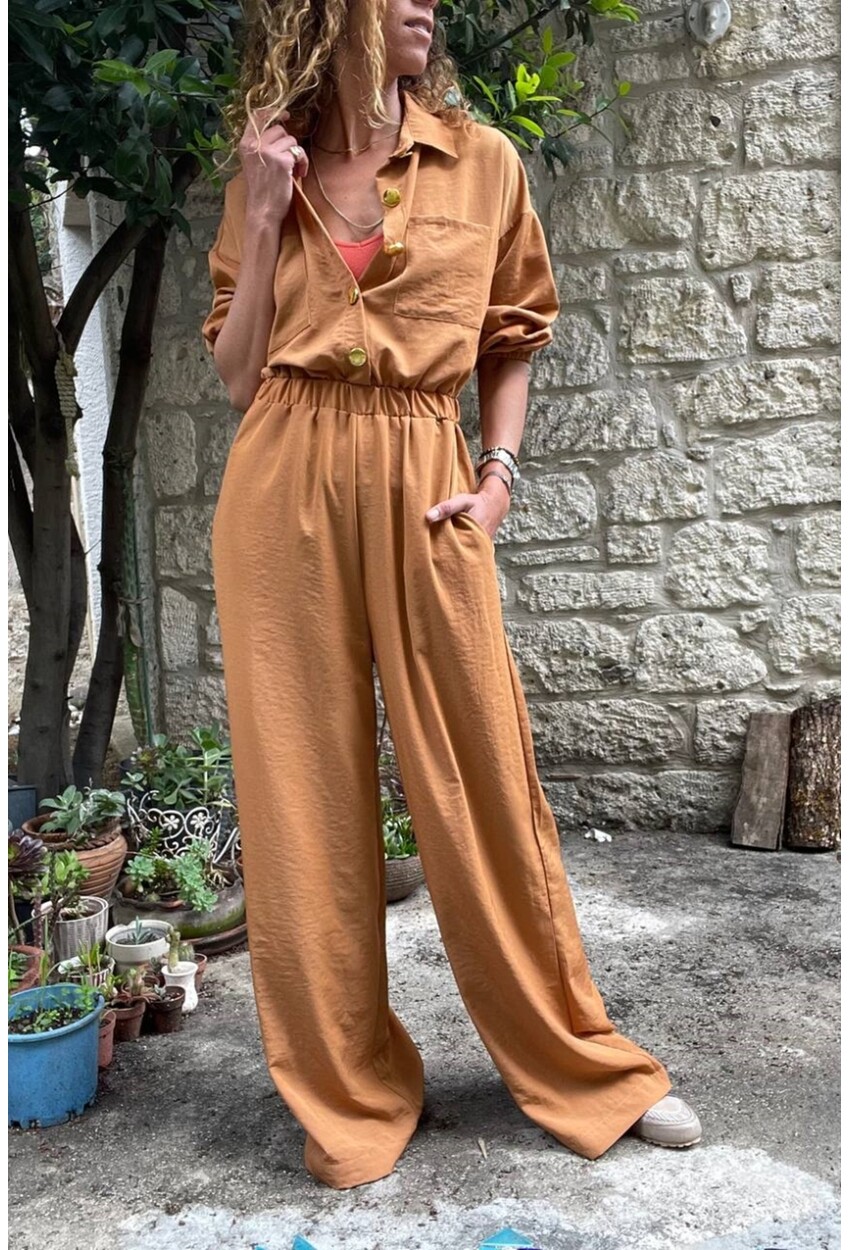 Kadın Kiremit Yarım Patlı Beli Lastikli Bol Paça Cepli Salaş Tulum Bst3360