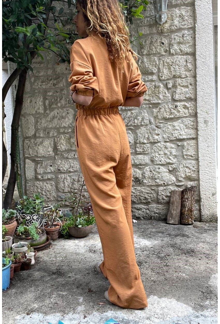 Kadın Kiremit Yarım Patlı Beli Lastikli Bol Paça Cepli Salaş Tulum Bst3360