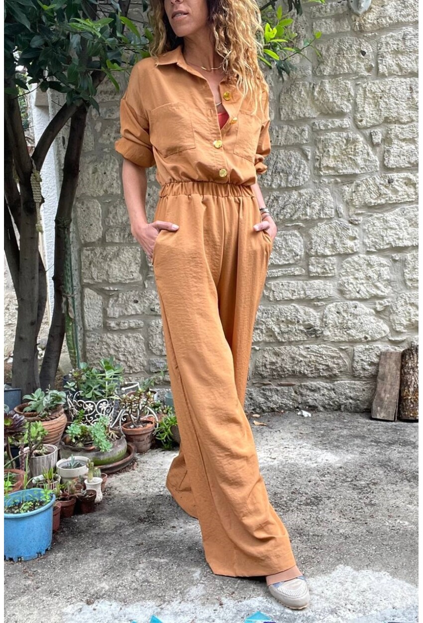 Kadın Kiremit Yarım Patlı Beli Lastikli Bol Paça Cepli Salaş Tulum Bst3360