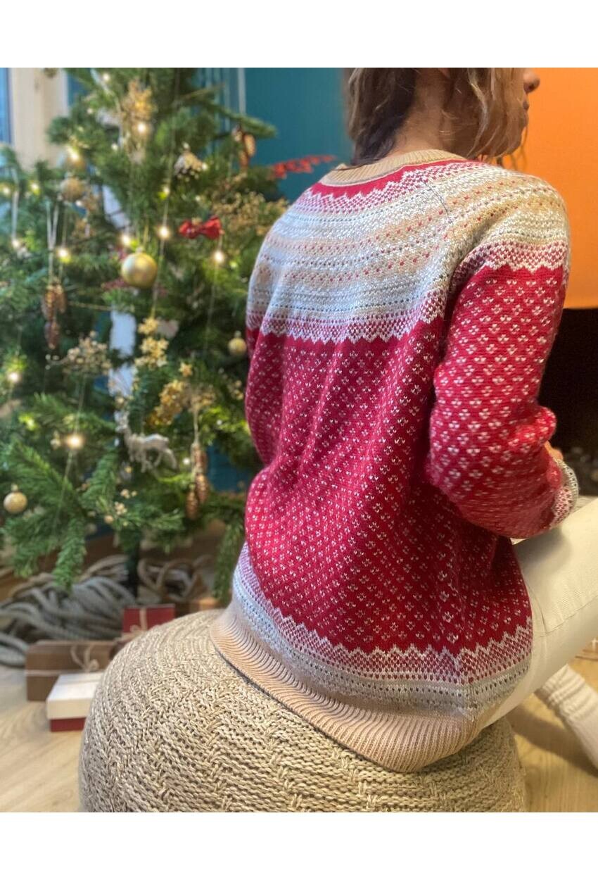 Kadın Kırmızı-Ekru Yılbaşı Desenli Oversize Triko Kazak CCK2023