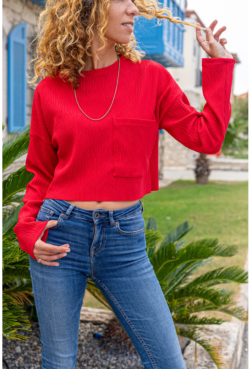 Kadın Kırmızı Kendinden Dokulu Cepli Crop Salaş Sweatshirt Bst3321