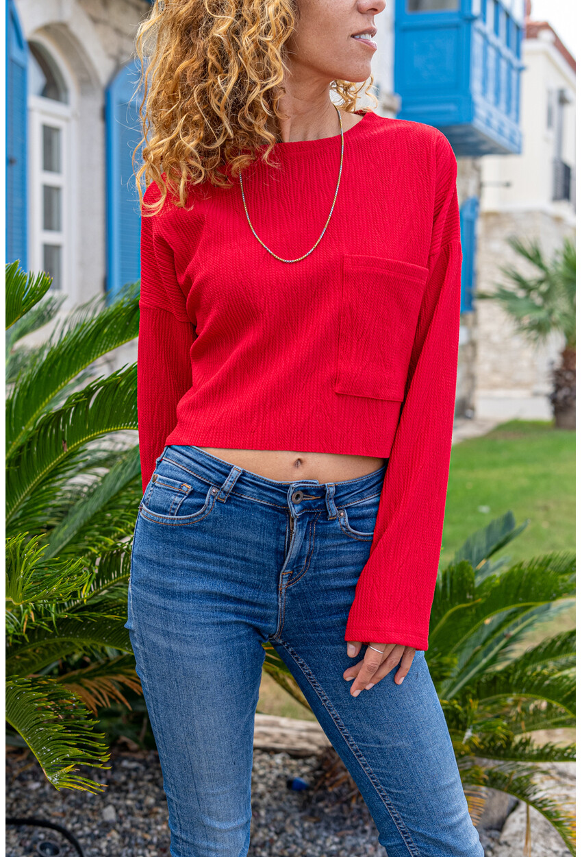 Kadın Kırmızı Kendinden Dokulu Cepli Crop Salaş Sweatshirt Bst3321