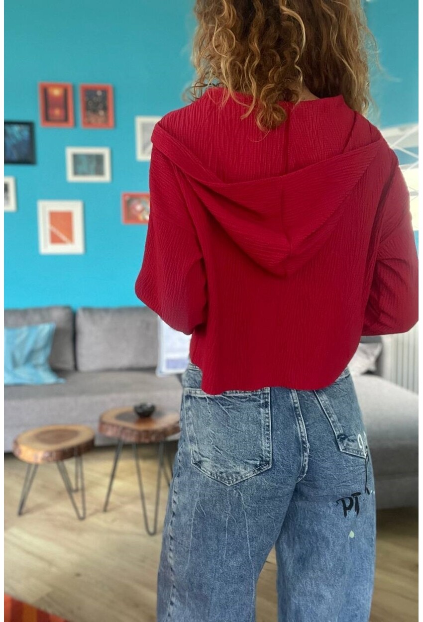 Kadın Kırmızı Kendinden Dokulu Fermuarlı Kapüşonlu Crop Sweatshirt Bst3322