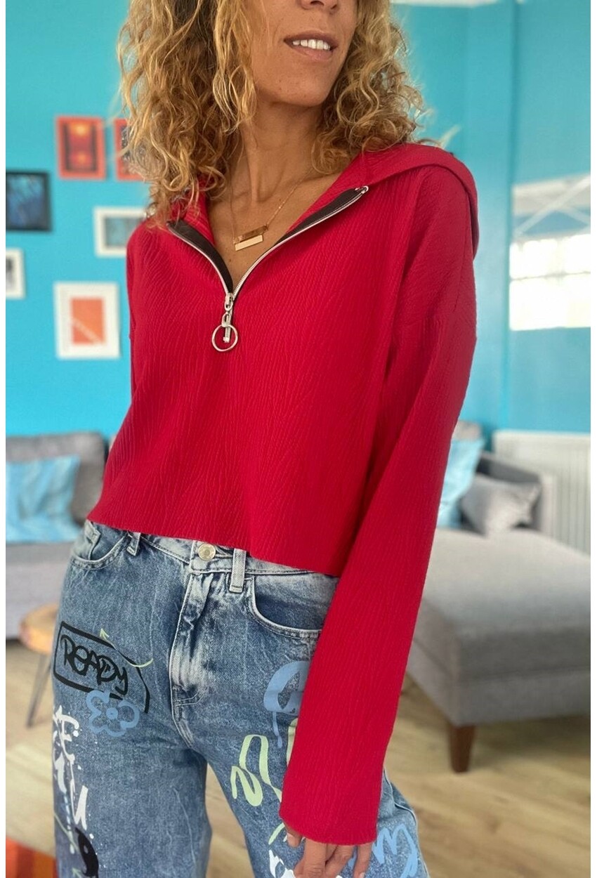 Kadın Kırmızı Kendinden Dokulu Fermuarlı Kapüşonlu Crop Sweatshirt Bst3322