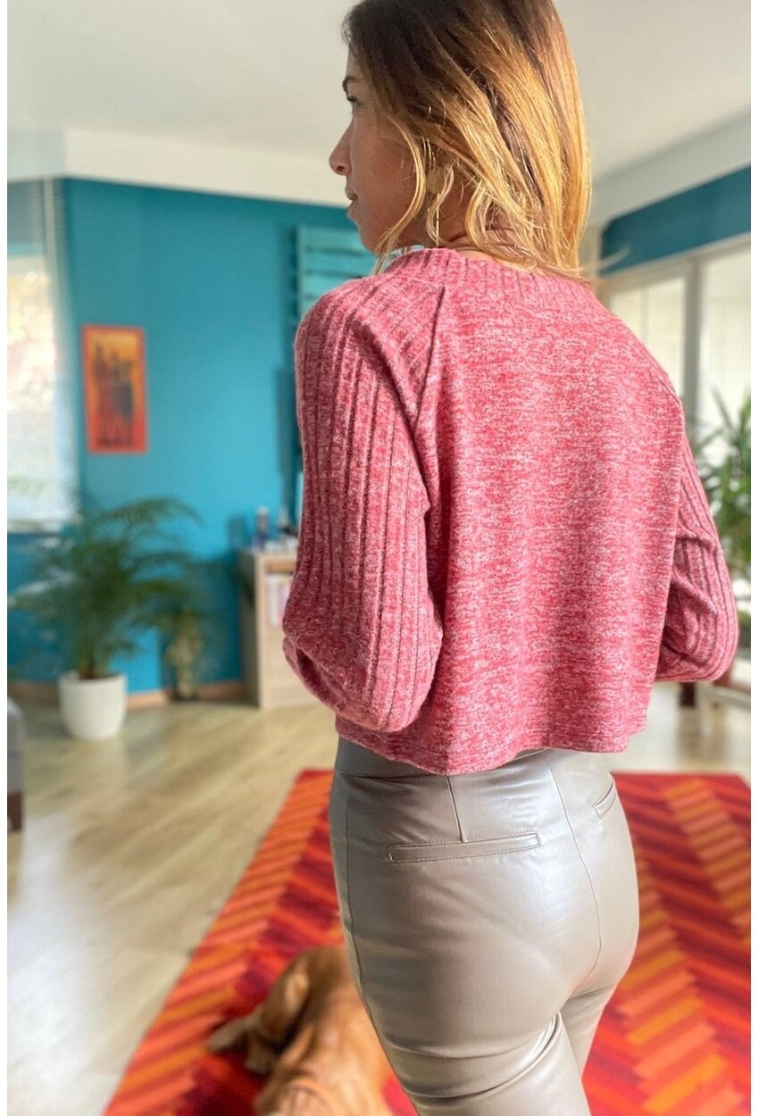 Kadın Kırmızı V Yaka Kendinden Dokulu Raglan Kol Crop Kazak Bst3327