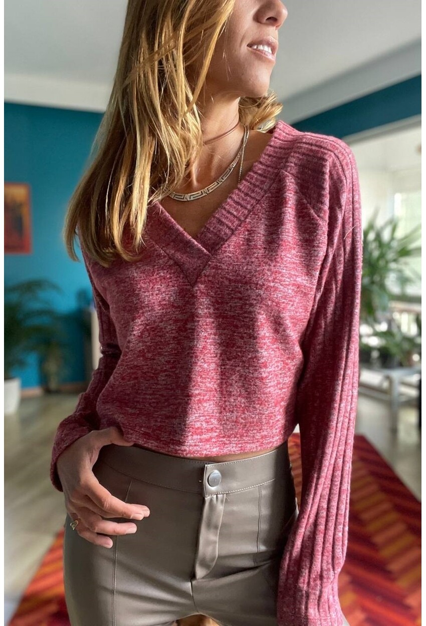 Kadın Kırmızı V Yaka Kendinden Dokulu Raglan Kol Crop Kazak Bst3327