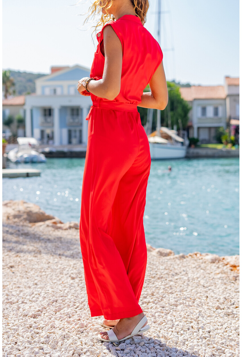 Kadın Kırmızı Yarım Patlı Beli Büzgülü Kemerli Bol Paça Tulum BST3125