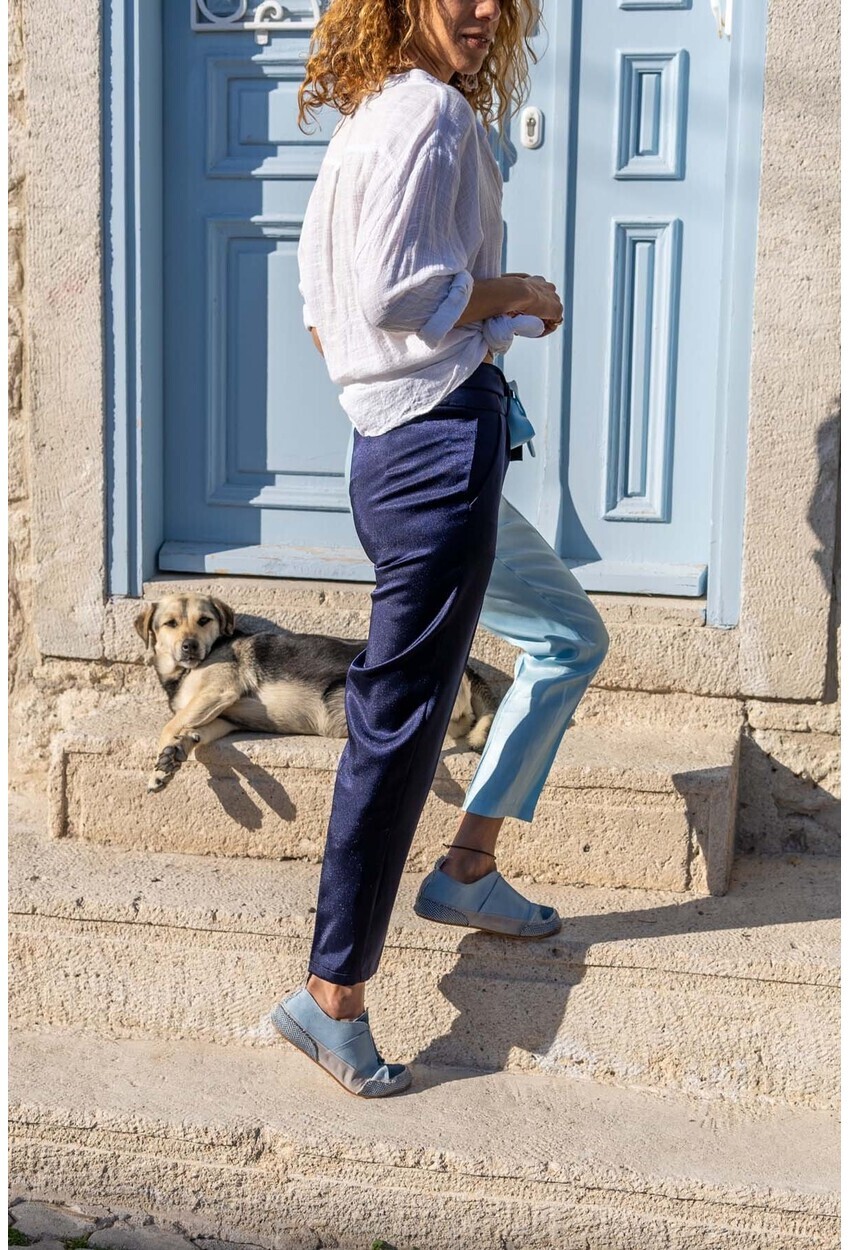 Kadın Laci-Mavi Color Block Kemerli Parlak Pantolon BST3133